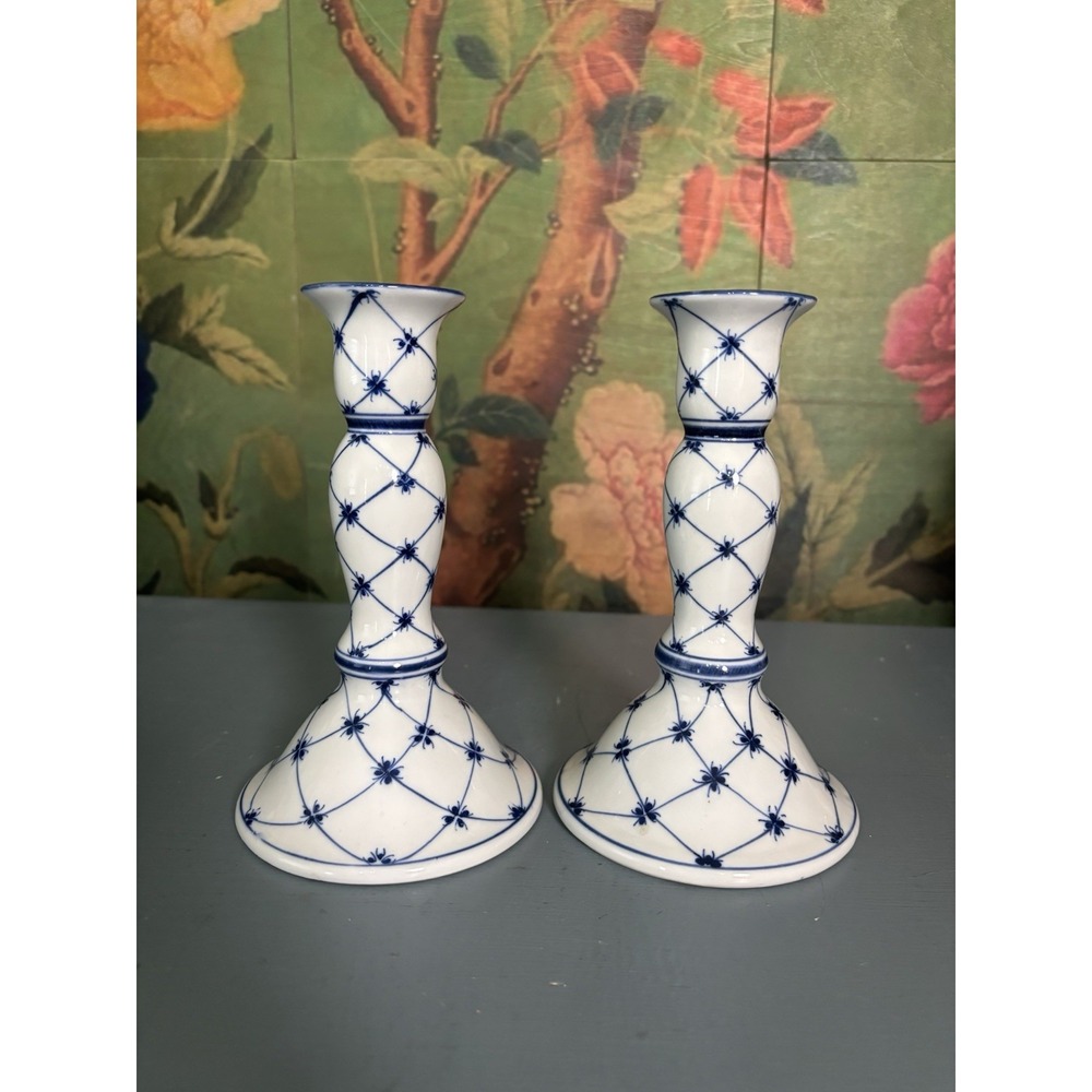 Andrea by Sadek Blue White Porcelain Candlesticks Pair Chinoiserie 7"